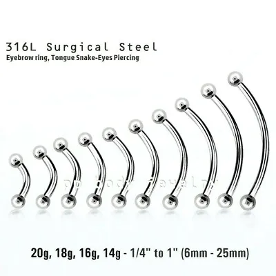 $2.74 • Buy 20G To 10G Surgical Steel Curved Barbell Eyebrow Ring Tongue Snake Eyes-Piercing