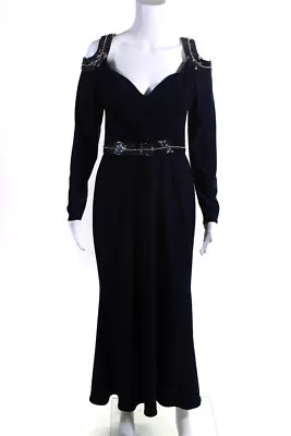 Mignon Women's Long Sleeve Beaded Cold Shoulder Evening Gown Navy Blue Size 8 • $95.01