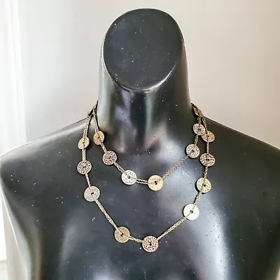 Mixed Metal Long Necklace Medallion Charm Disc Gold Silver Brass Tone Boho • $10