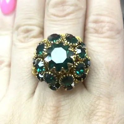 Vtg Hand Made Green Rhinestone Cluster Ring Womens 10 Gold Tone Stretch Large • $12.88