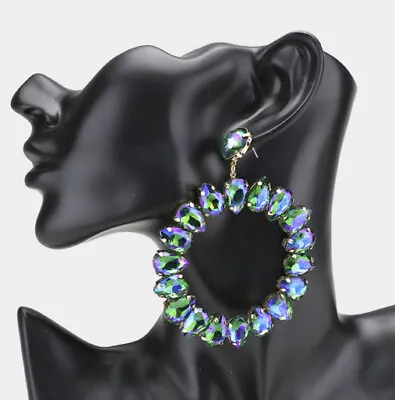 3.5” Long Green Blue Ab Dangle Rhinestone Crystal Pageant Earrings Big Large • $16