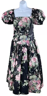 VTG 1980s S.g.gilbert Black Floral Chintz Dress Tulle Underskirt Tea Length Prom • $74.99