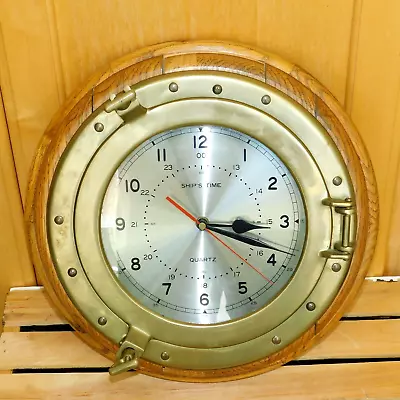 Vintage Ship's Time Oak Wood Brass 13  Wall Clock Quartz Nautical Maritime WORKS • $88.88