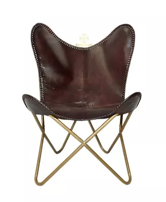 Genuine Black Buff Leather Butterfly Chair - Golden Powder Cotted Iron Stand • $266.31