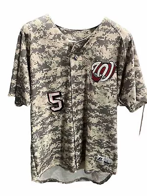 L Russell Athletic Washington Nationals JERSEY #5 CAMO Stitched Dri Power BUTTON • $55