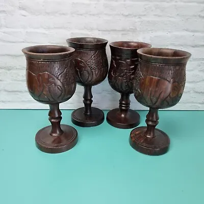 Vintage Carved Wooden Goblets Wine Glasses African Animal Set Of 4 Wood Bar Cart • $60