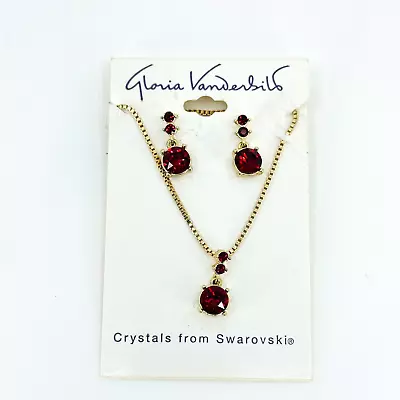 Gloria Vanderbilt Necklace Earring Set Gold Tone Red Swarovski Crystal • $12.71