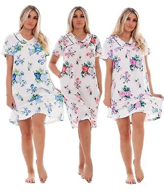 Ladies Nightshirt Floral Pockets Short Sleeve V-Neck Short Nightdress M To XXXL • £10.95