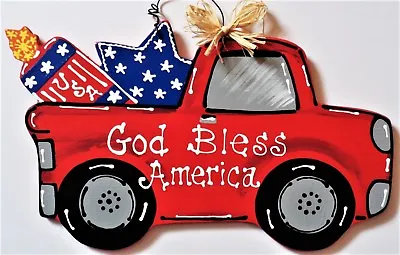 AMERICANA God Bless America RED TRUCK 4th Of July SIGN Wall Door Hanger Plaque • $13