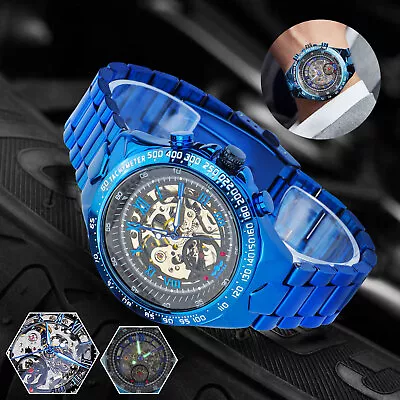 Men's Stainless Steel Watch Blue Luxury Skeleton Automatic Mechanical Wristwatch • $24.98