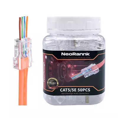 NeoRannk RJ45 Cat5 Cat5e Pass Through Connectors 50 Packs Gold Plated 3Prong 8P • $19.62