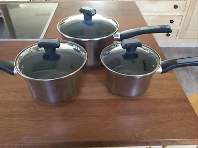 £8 • Buy Set Of 3 Prestige Stainless Steel Non Stick Saucepans With Glass Lids