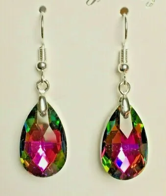 Multi Coloured Rainbow Teardrop Shaped Faceted Glass Dangle / Drop Hook Earrings • £4.99