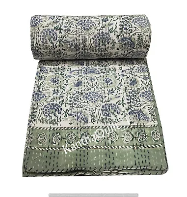 Hand Block Printed Kantha Quilt Indian King Size Bedspread Bedding Cotton Throw • £34.25