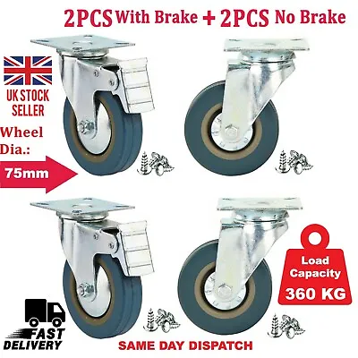 £11.99 • Buy 4 X Heavy Duty 75mm Rubber Swivel Castor Wheels With Brake Trolley Furniture UK