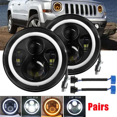 Pairs 7  Inch Round LED Headlights Halo Angle Eyes Fit Jeep Wrangler JK TJ CJ LJ • $39.99