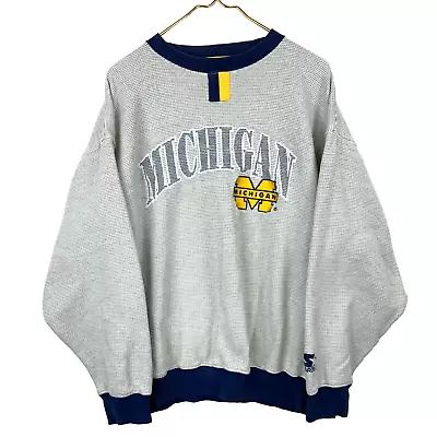 Vintage Michigan Wolverines Sweatshirt Large Gray Starter Ncaa Waffle Knit 90s • $42.49