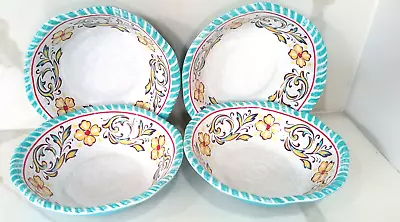 4 Melamine BOWLS Turquoise Blue Floral 7 3/4  Dishwasher Safe Top Rack❤️ • $15.82