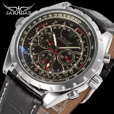 Jaragar Automatic Stainless Steel Case Leather Strap Skeleton Window Watch • £29.94