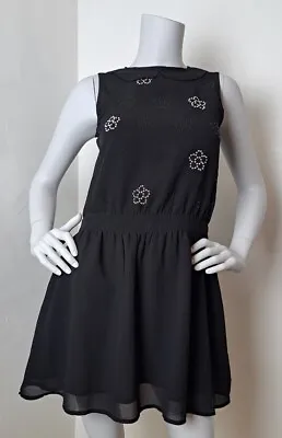 Genuine Mary Quant Size M/UK 8/10 Mini Dress Black Flower Embellishments VGC • $114.54