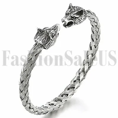 Men's Norse Viking Wolf Head Stainless Steel Twisted Cable Cuff Bangle Bracelet • $12.99