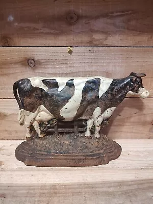 Vintage Cast Iron Black And White Cow Door Stop 8 1/4 Inches Tall  13 7/8 Wide • $35