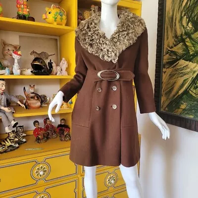 Vintage 60s Mod Spy Girl Mongolian Curly Lamb Collar Wool Go Go Mini Coat S/M • $225