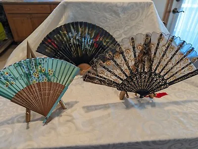 Collectible Vintage Hand Held Folding Fans LOT OF 3 EXQUISITE DETAIL ASSORTMENT • $16