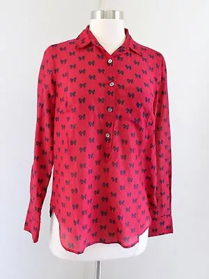 NWT J Crew Womens Red Boy Popover Shirt In Bow Print Cotton Silk Size 2 Blouse • $29.99