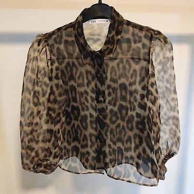 Zara Leopard Print Sheer Organaza Puff Sleeve Shirt/Blouse - Size S - Excellent! • £19.99