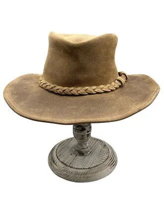 Minnetonka Tan Leather Outback Hat Size Medium Braided Trim Bendable Rim Outdoor • $27