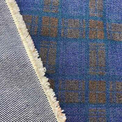Cotton Denim Fabric Blue Brown Checked Printed 55  Wide 500 Gsm • £0.99