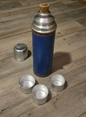 Vintage Blue Thermos Cork Stopper Made In The U.S.A With Cups Model 240 • $30