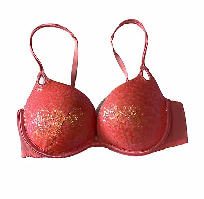 Victoria Secret Plunge Push-Up Bra 34C Bright Coral Sequin • $12.35