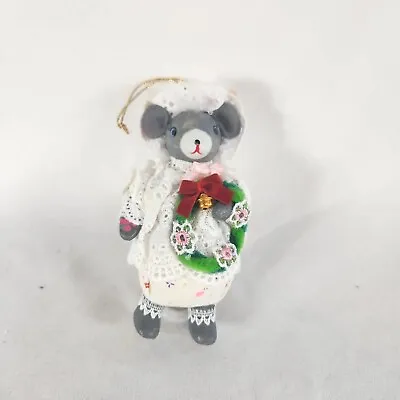 Vintage Grandma Mouse Christmas Ornament Holding A Wreath Lace Trim Bonnet Sleep • $8.99