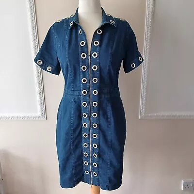 Stretch Denim Zip Front Straight Dress 16 Blue Short Sleeve Metal Rivets Utility • £24.99