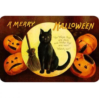 Halloween Cat Sign 12x8 Vintage Broom Pumpkin Merry Halloween Black Cat Poster • $10.95