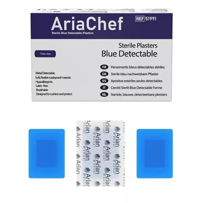AriaChef  Sterile Blue Wash Proof Plasters- 7.2cm X 5cm Pack Of 50's • £4.70
