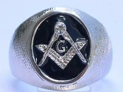 Masonic Mason Black Enamel Compasses Clear Austrian Crystal Men Ring Size 7-15 • $20.99