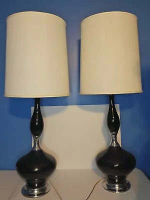 Mid Century  Black Ceramic Chrome Table Lamps Vintage Matching Pair • $25