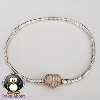 $85 • Buy Authentic PANDORA Bracelet Silver ROSE Gold Pave CZ Heart Clasp 586292 20cm