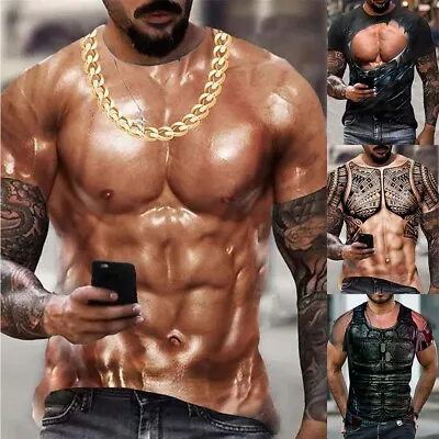 Men 3D Muscle Tattoo Print T-Shirt Short-Sleeve Digital Printing Shirts Tops Tee • $13.92