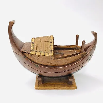 Vintage Wood Boat Model With Stand Teak Sampan Wicker Cabin River Fishing Boat • $33.50