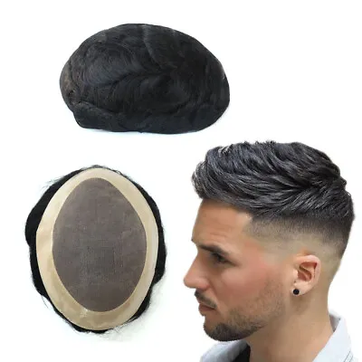 Mens Hair Replacement System Fine Mono Toupee Indian Remy Human Hairpiece #1B • £119.99