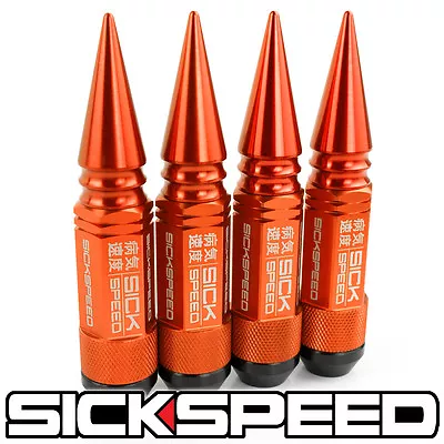 Sickspeed 4pc Orange Spiked Aluminum Extended 108mm 3 Pc Lug Nuts 1/2x20 L25 • $23.95