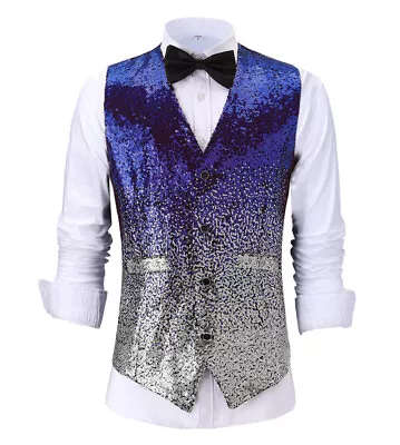 Mens Formal Gradient Sequined Suit Vest Classic Fit Waistcoat V-neck For Wedding • $29.68