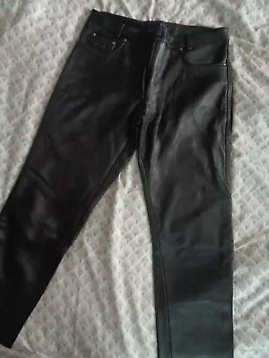 Mens Black Leather Trousers Motorcycle Jeans Quality Waist 32-34 Leg 30 Size 44 • £4.99