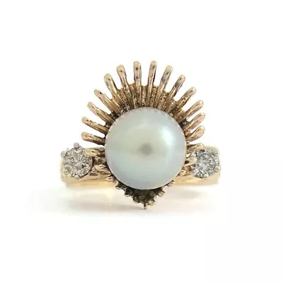 Vintage 1940's 1950's Crimped Fan Pearl Diamond Ring 14K Yellow Gold 7.14 Grams • $995