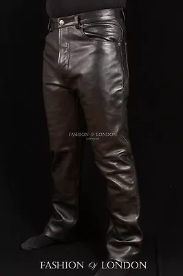 Men's Leather Trouser Pants '501 JEANS STYLE' Black Cowhide Classic Biker Pants • $97.48