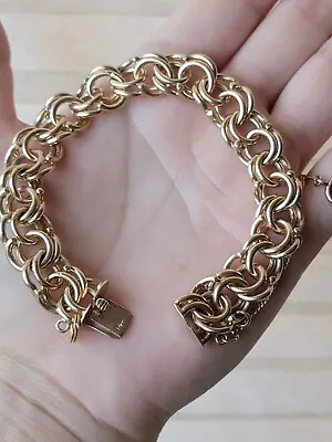 Vintage 14k Yellow Gold Double Heavy Interlocking Link Charm Bracelet 54 Grams • $3550